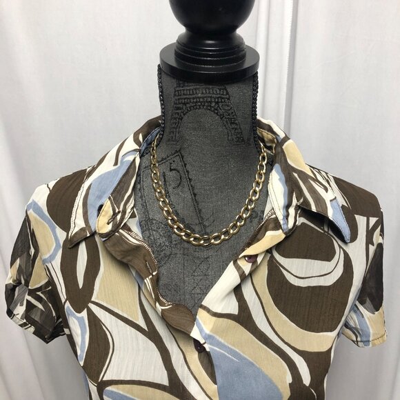 Studio 1940 Top Womens Size Small Brown Blue Sheer Short Sleeve Belted Blouse - Picture 2 of 7